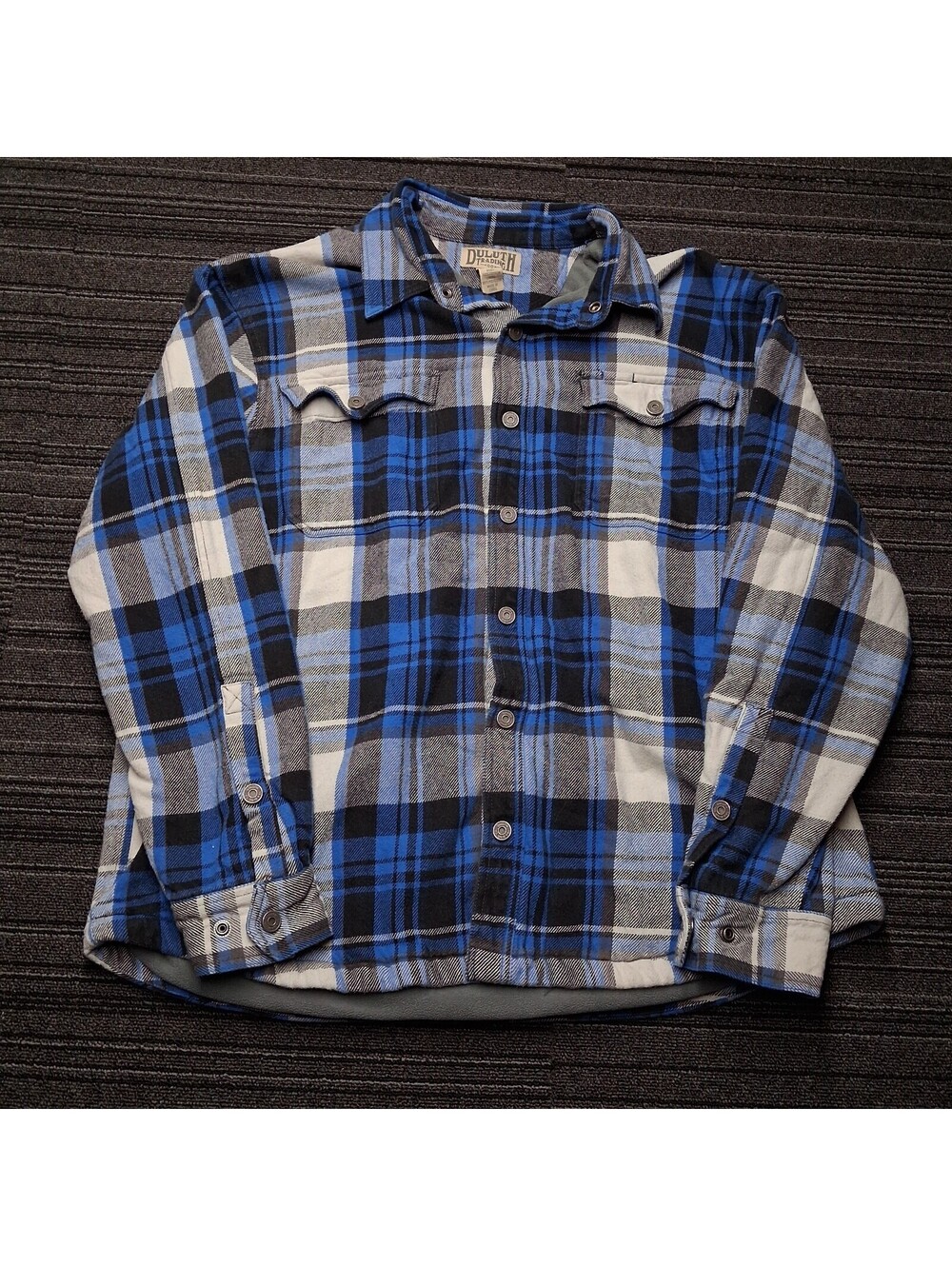Duluth Trading Co Shirt Jacket Mens XL Blue Plaid Flannel Lined Snap Shacket